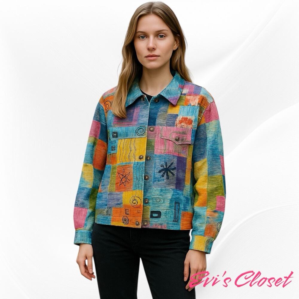 Karen Hart Vintage Colorful Abstract Jacket Color Block Printed Doodle Painted L